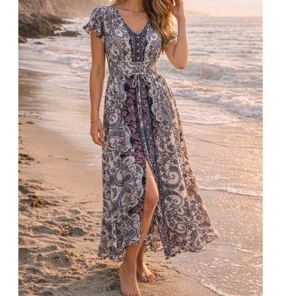 Lucky Brand Dresses & Skirts - Lucky Brand Paisley Maxi Dress Women’s XL Boho Tie Waist Short Sleeve